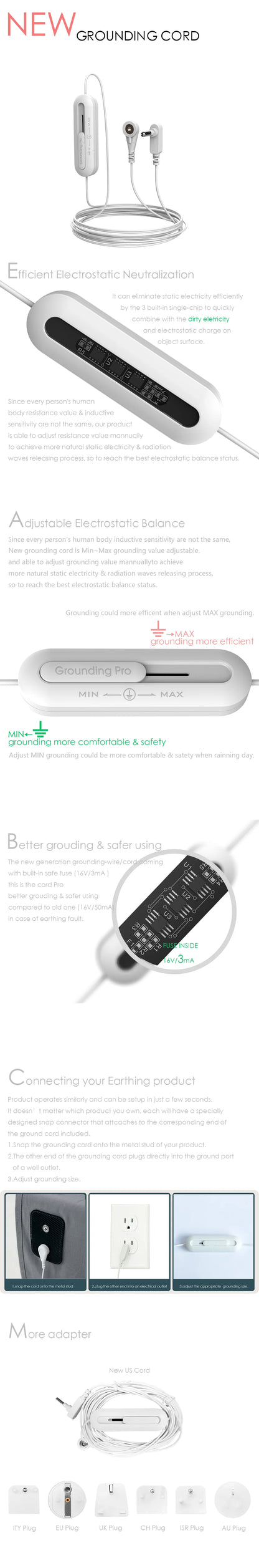 Earthing  Socket plug with grounding cord for Earthing sheet /  pillow case / earthing mat